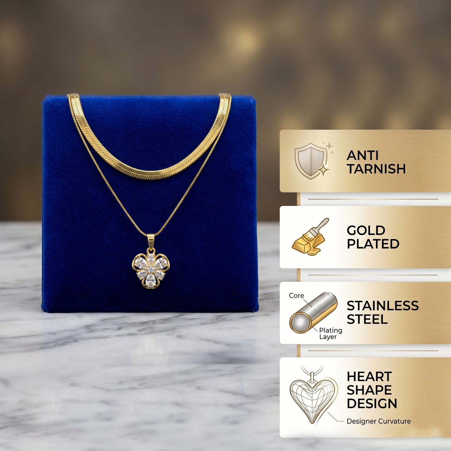 Anti-Tarnish Gold Necklace Combo | Layered Crystal Floral & Minimalist Heart Pendants (Set of 2)