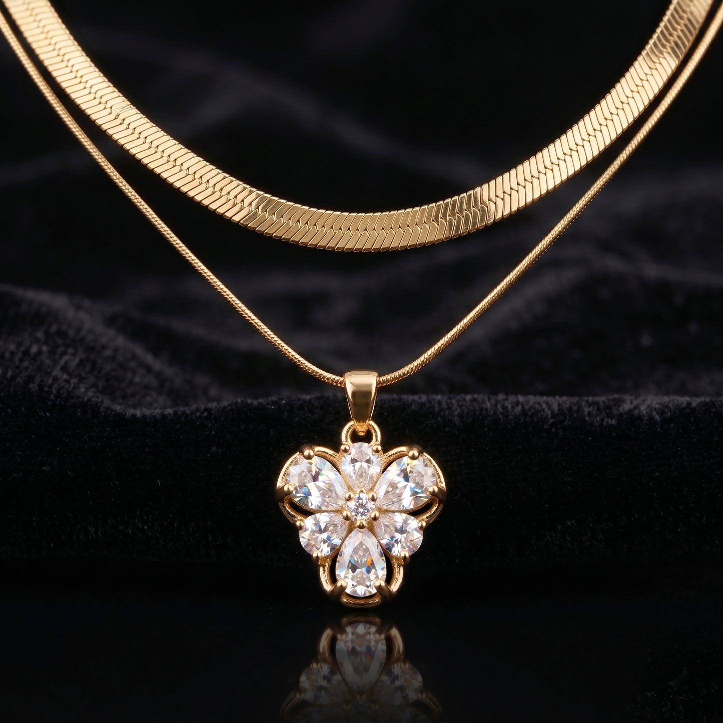 Anti-Tarnish Gold Necklace Combo | Layered Crystal Floral & Minimalist Heart Pendants (Set of 2)