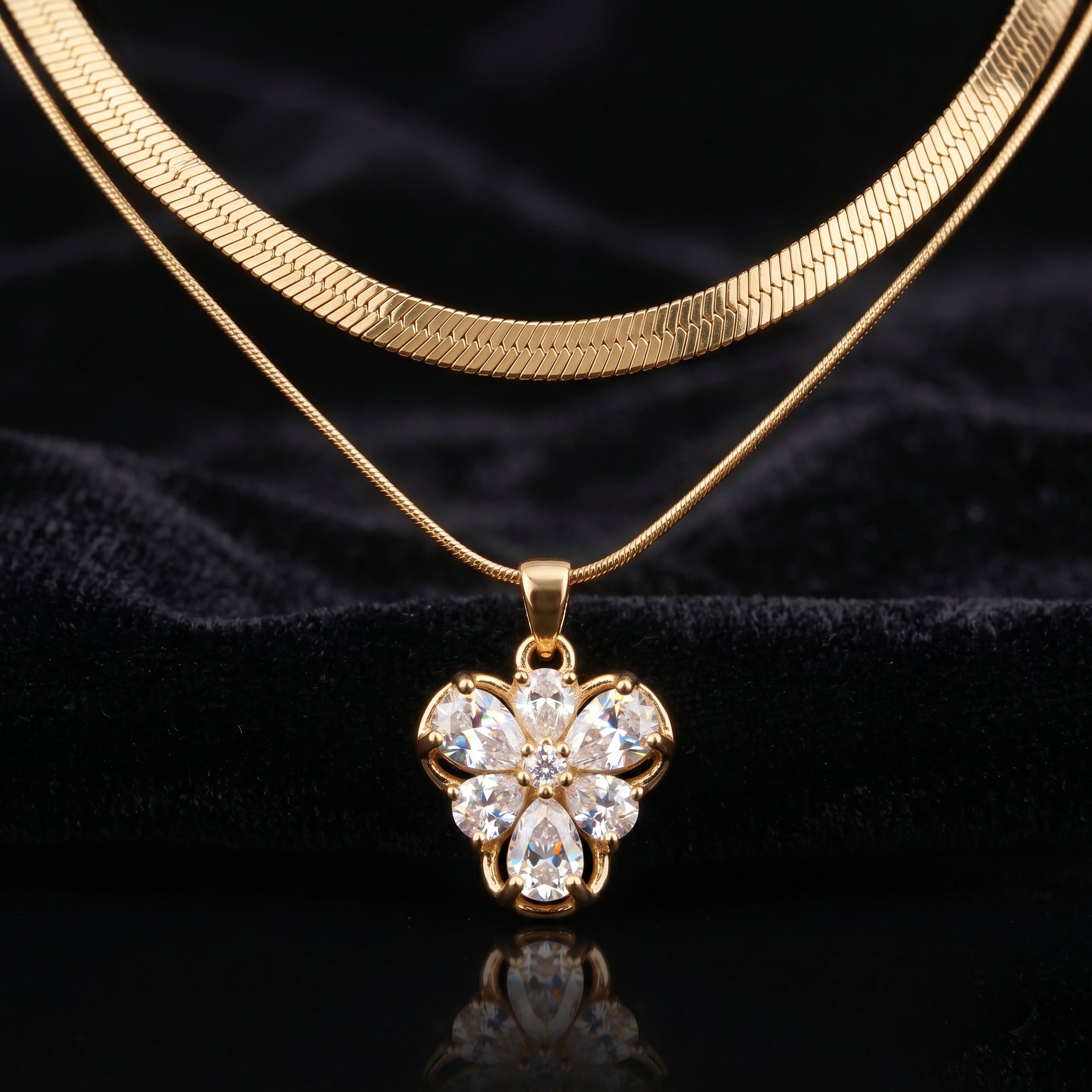Anti-Tarnish Gold Necklace Combo | Layered Crystal Floral & Minimalist Heart Pendants (Set of 2)