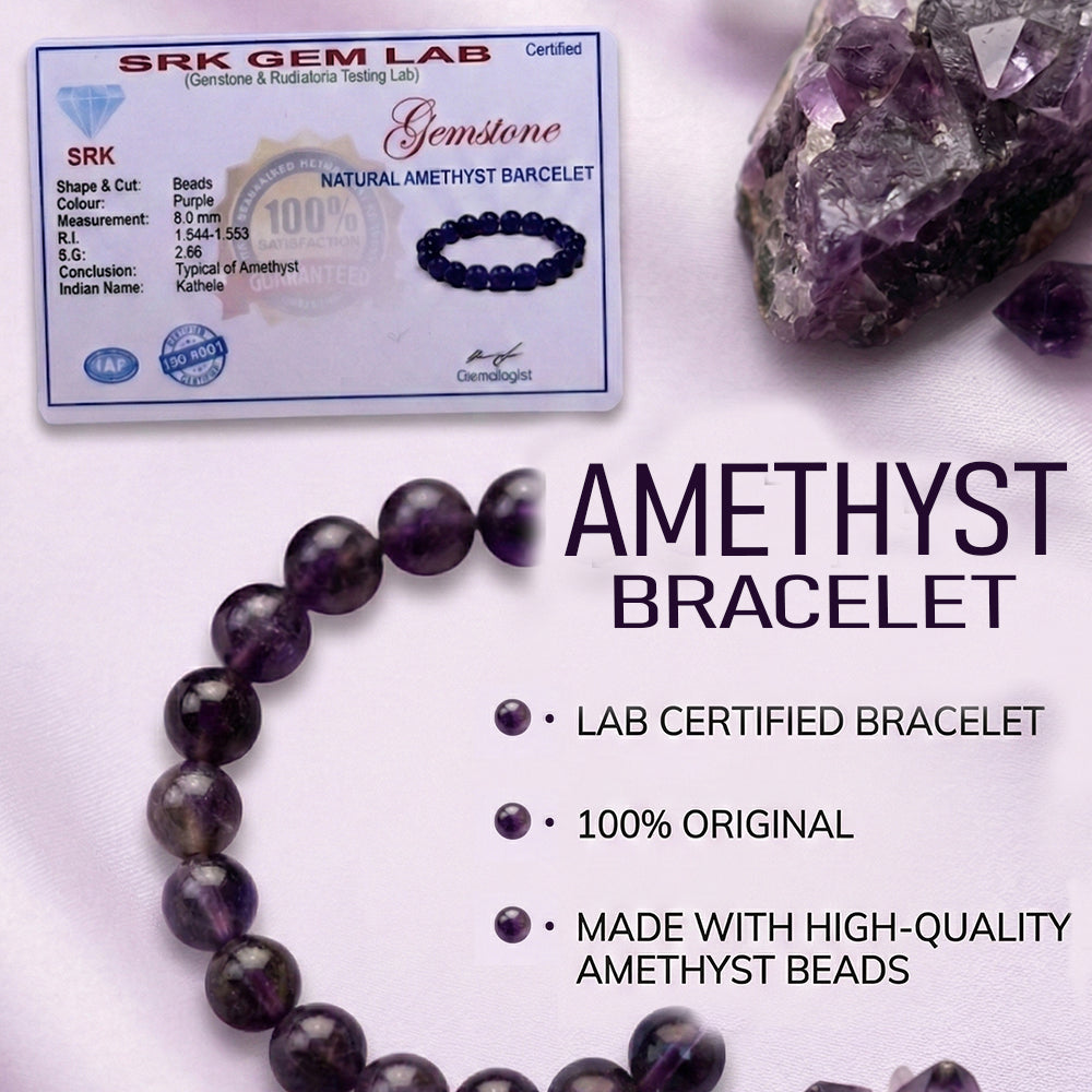 Natural Amethyst Healing Crystal Bracelet | Round Purple Stone Beads
