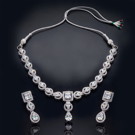 Exquisite Silver-Plated American Diamond (AD) Necklace Set with Drop Earrings