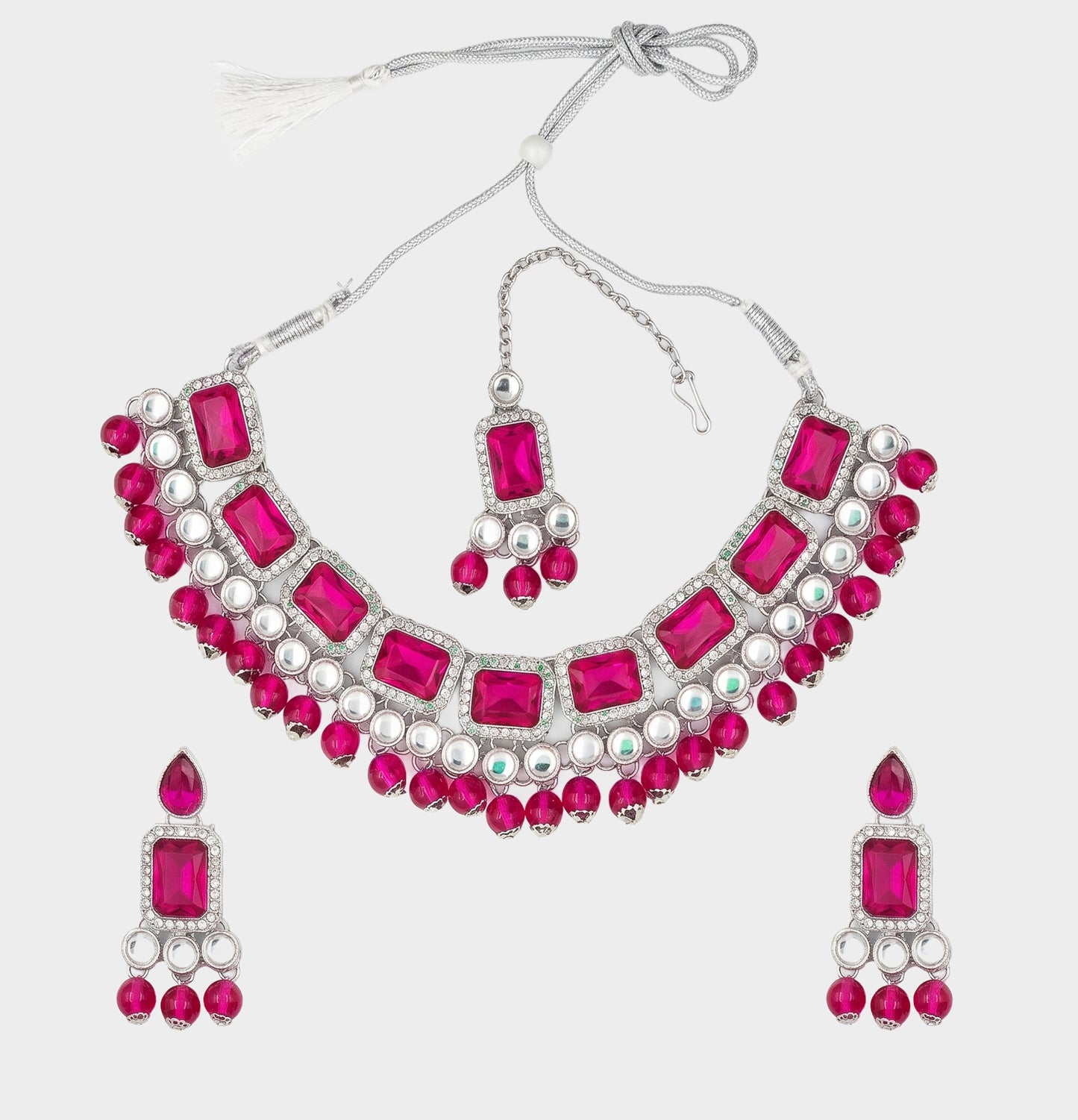 Elegant Rani Pink & Silver-Plated Choker Jewellery Set with Maang Tikka & Earrings