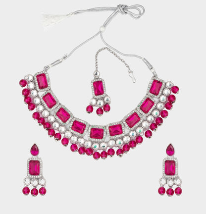 Elegant Rani Pink & Silver-Plated Choker Jewellery Set with Maang Tikka & Earrings