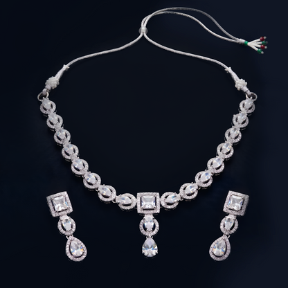 Exquisite Silver-Plated American Diamond (AD) Necklace Set with Drop Earrings