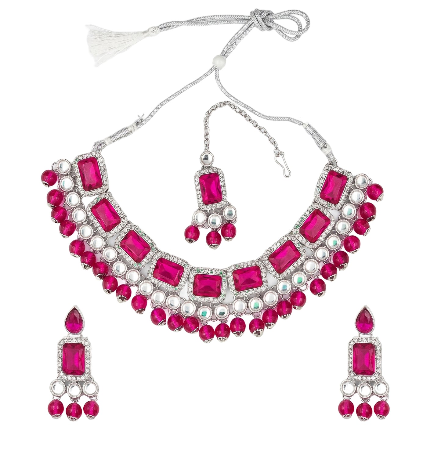 Elegant Rani Pink & Silver-Plated Choker Jewellery Set with Maang Tikka & Earrings