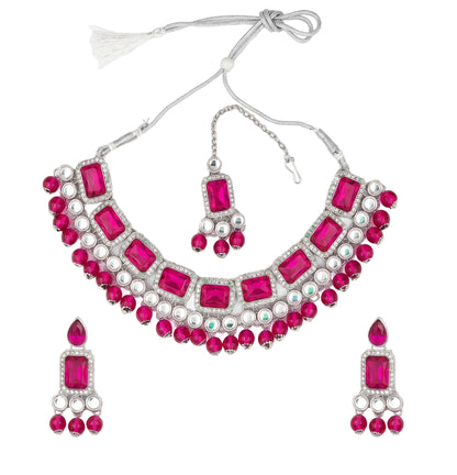 Elegant Rani Pink & Silver-Plated Choker Jewellery Set with Maang Tikka & Earrings