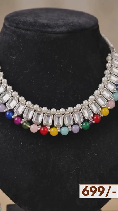 Premium Silver-Toned Kundan Choker Set with Multi-Color Beaded Drops