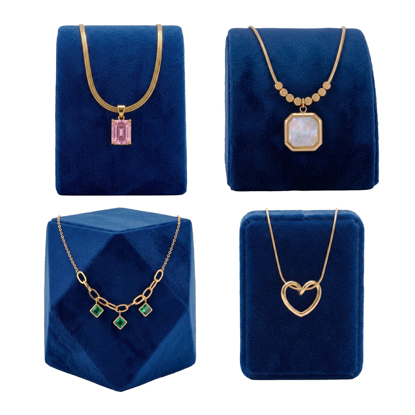 Anti-Tarnish Gold-plated Necklace Combo Set of 4 | Pink Stone, Opal, Emerald Charm & Open Heart Pendants