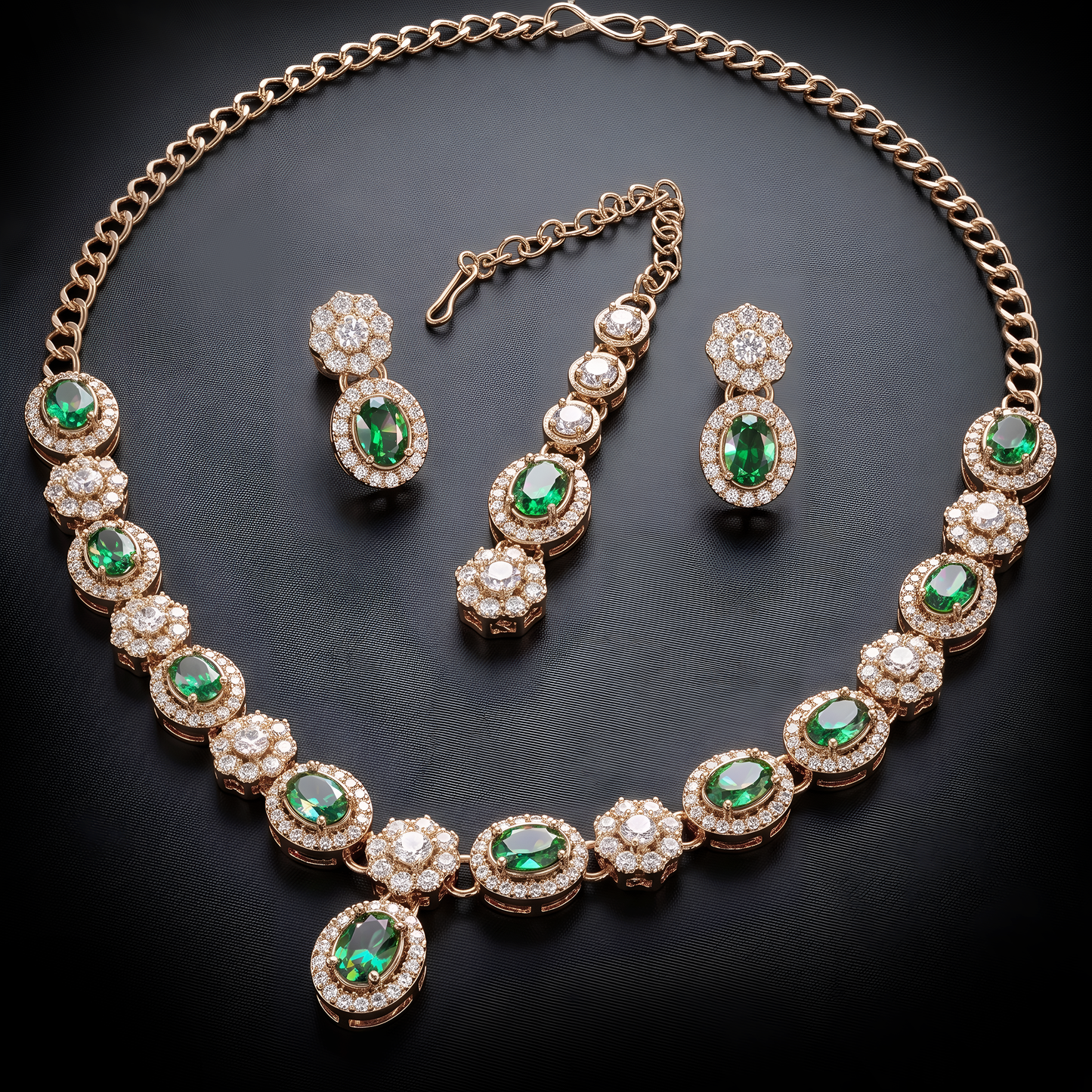 Exquisite Emerald Green & Diamond Rose Gold Jewelry Set (Necklace, Earrings & Maang Tikka)