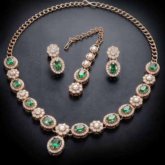 Exquisite Emerald Green & Diamond Rose Gold Jewelry Set (Necklace, Earrings & Maang Tikka)
