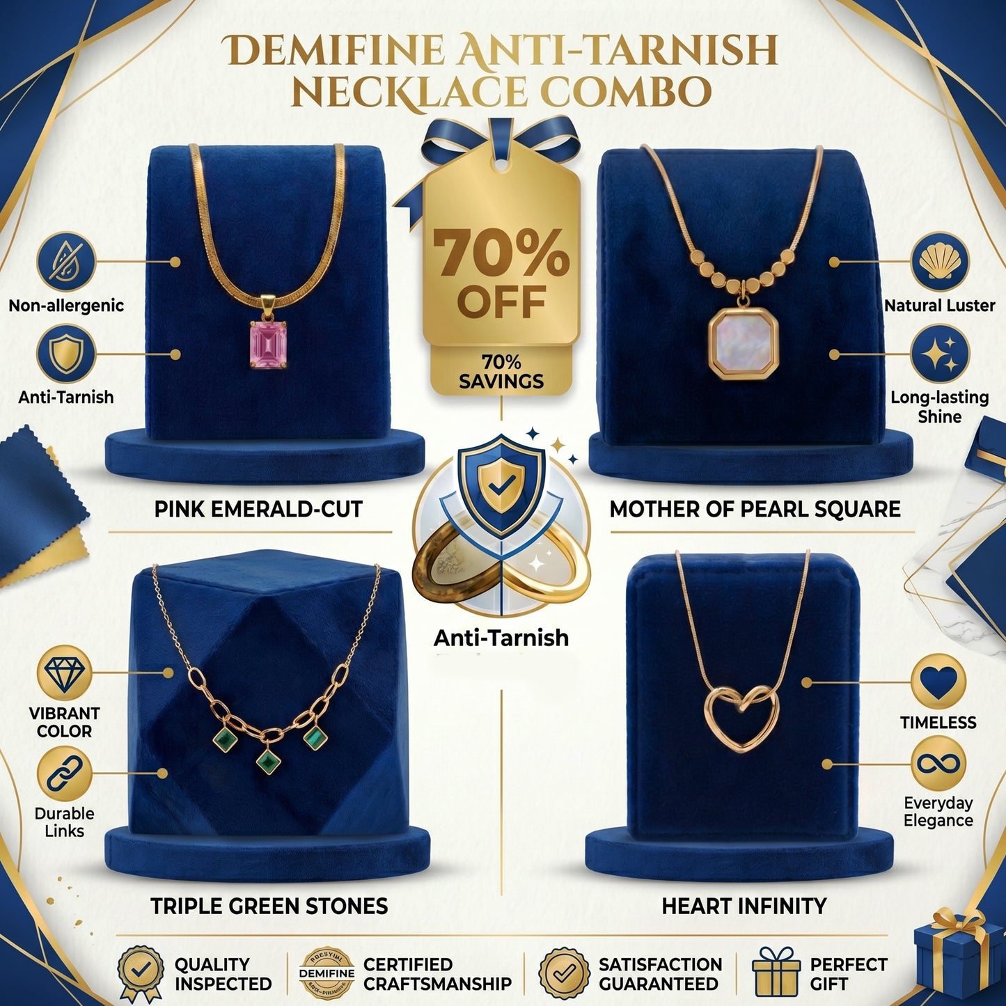 Anti-Tarnish Gold-plated Necklace Combo Set of 4 | Pink Stone, Opal, Emerald Charm & Open Heart Pendants
