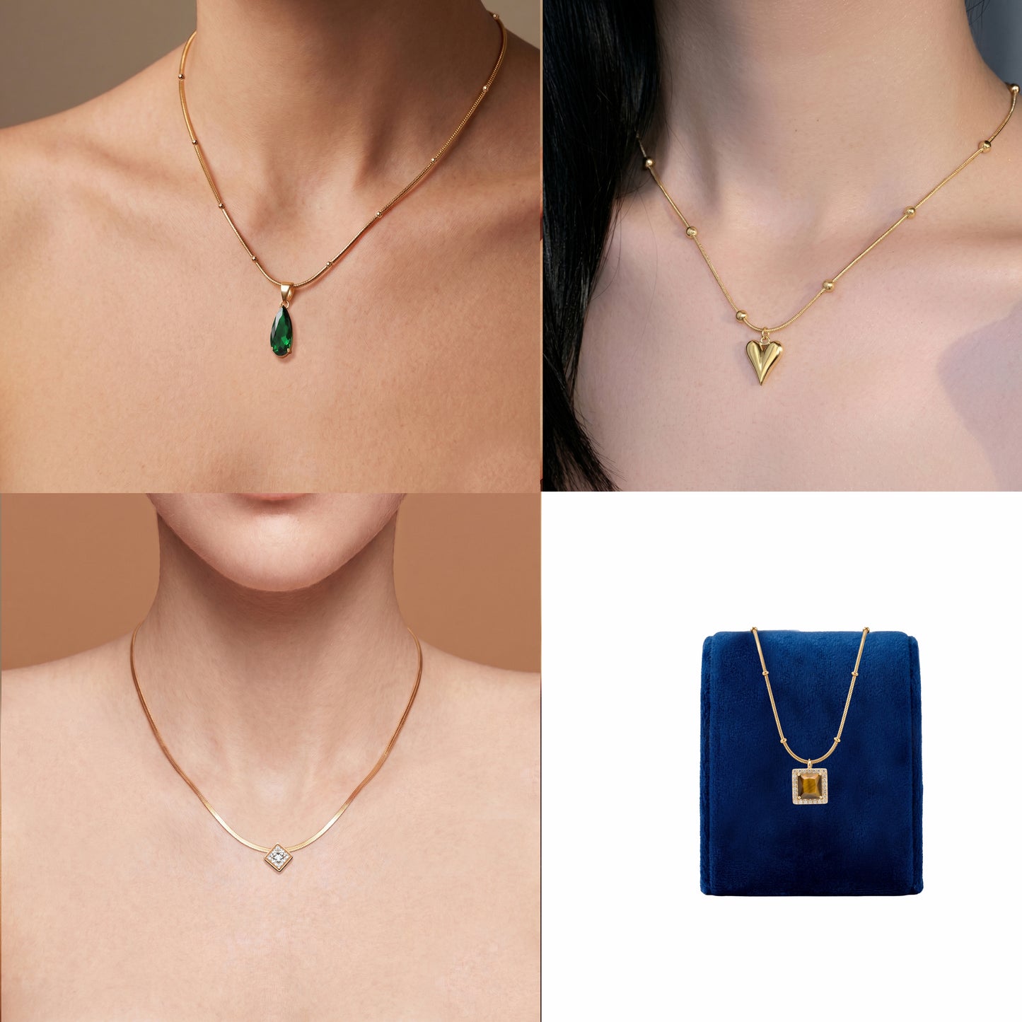 Anti-Tarnish Gold-Plated Necklace Combo Set of 4 | Heart, Crystal, Emerald & Tiger Eye Pendants